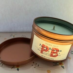 TRADER JOE’S Candle Peony Blossom Scented Rose Gold Tin container